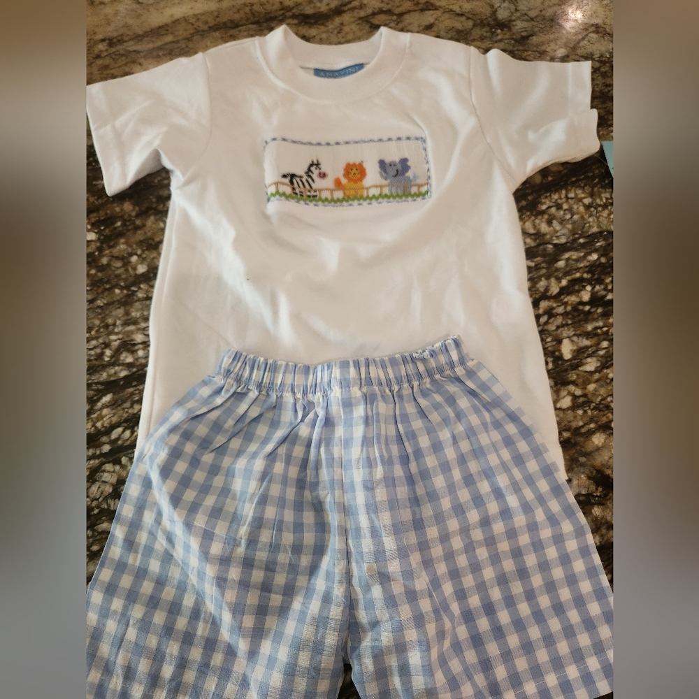 Children's White Animal Print T-Shirt and Blue Checkered Shorts Set